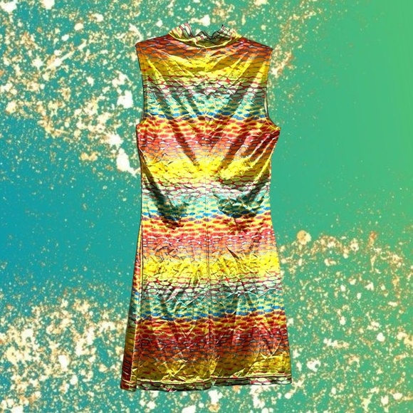 90s neon multi colored pattern mini dress with a high neck, slips on. - Picture 3 of 4